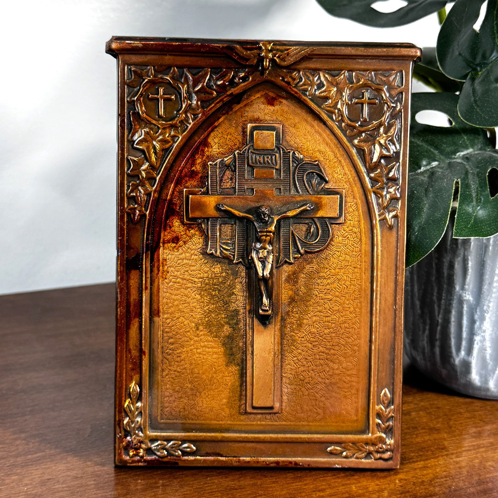 Vintage Crucifix Wall Plaque Gothic Catholic Jesus INRI Stand 4x6 Stained